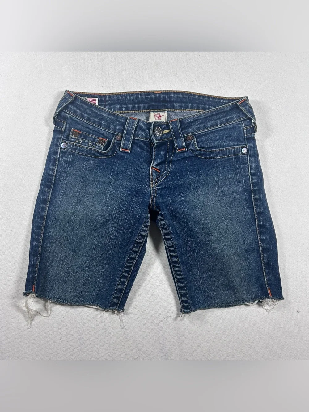 True Religion Women’s Made in USA Distressed Denim Shorts fits: 28 Stella Cut Of